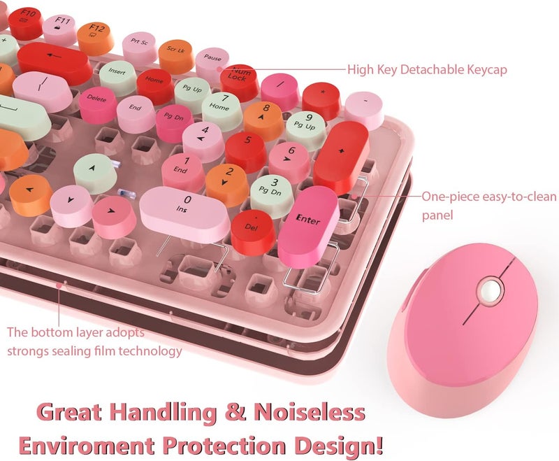 Kootop Cute Pink Wireless Keyboard and Mouse, 2.4G Retro Round Keycap for PC, Mac, Laptop, Tablet, Computer Windows - Image 5